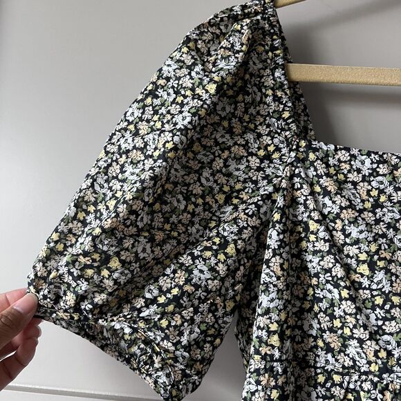 Uniqlo Dress Womens Large Black Floral Puff Sleeve Square Neck Tiered Pockets - Picture 6 of 12